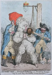 Gjengjeldelse: Tarring and Feathering, eller Patriotens hevn, utgitt av Hannah Humphrey i 1795 (håndkolorert etsning)