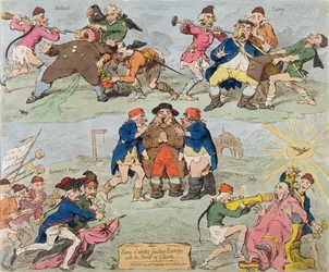 Sans-Culottes Feeding Europe with the Bread of Liberty, utgitt av Hannah Humphrey i 1793 (håndfarget etsning)