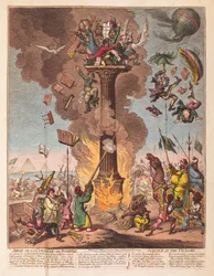 Siege de la Colonne de Pompee, Science in the Pillory, pub. 1799 (håndfarget gravering)