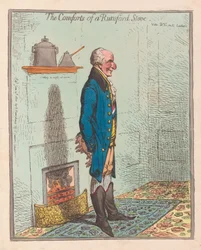 The Comforts of a Rumford Stove, pub 1800 (håndfarget gravering)