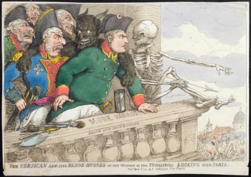 The Corsican and his Blood Hounds at the Window of the Tuileries, Looking over Paris, utgitt av Hannah Humphrey i 1815 (håndfarget etsning)