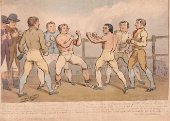 Den berømte kampen mellom Richard Humphreys og Daniel Mendoza, 9. januar 1788, pub. 1788 (håndfarget gravering)