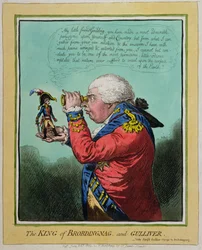 Kongen av Brobdingnag og Gulliver, utgitt av Hannah Humphrey i 1803 (håndfarget etsning)