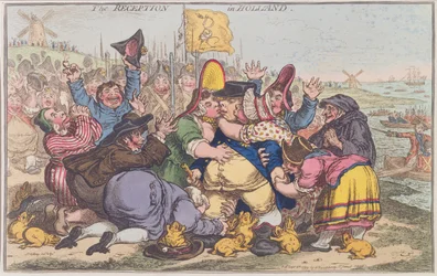 The Reception in Holland, utgitt av Hannah Humphrey i 1799 (håndfarget etsning)
