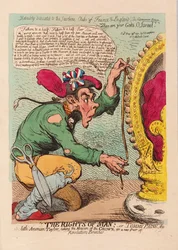 The Rights of Man, eller Tomm Paine, den lille amerikanske Taylor som tar mål av kronen for et nytt par revolusjonsbukser, pub. 1791 (håndfarget gravering)