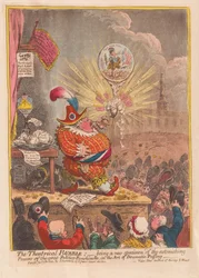 Theatrical Bubble: å være et nytt eksemplar av de forbløffende kreftene til den store Politico-Punchinello i Art of Dramatic Puffing, pub. 1805 (håndfarget gravering)