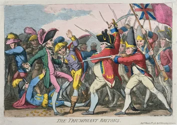 The Triumphant Britons , utgitt av Hannah Humphrey i 1780 (håndfarget etsning)