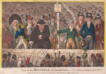 Utsikt over Hustings i Covent Garden - Westminster-valget november 1806, pub. 1806 (håndfarget gravering)