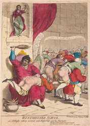 Westminster School eller Dr. Busby tar et oppgjør med mester Billy og lekekameratene hans, pub. 1785 (håndfarget gravering)
