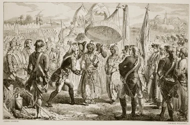 Møtet til Lord Clive med Meer Jaffier, etter slaget ved Plassey, gravert av Thomas Williams