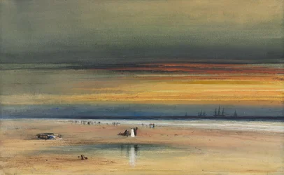 Strandscene ved solnedgang, ca. 1865–1870 (akvarell og gouache)