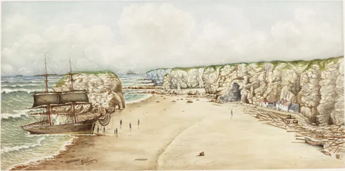Brig på grunn ved Marsden Rock (akvarell, kroppsfarge og blyant på papir på kort))