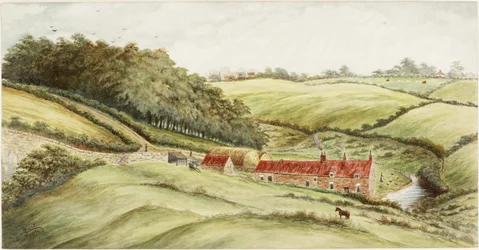Hedworth Farm (akvarell, kroppsfarge og blyant på papir)