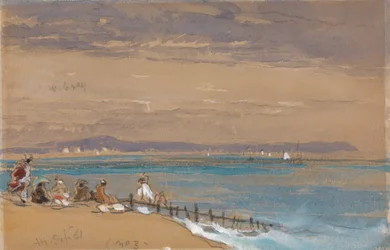 Strandscene med figurer ved en molo