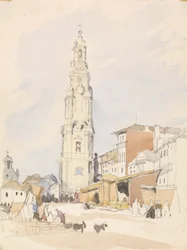 The Tower of the Clergy, Porto (wc over grafitt på papir)