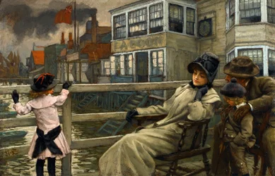 Akademisk kunst: Venter på fergen av Tissot, James Jacques Joseph (1836-1902). Olje på tre, 22,5x32,5. Privat samling