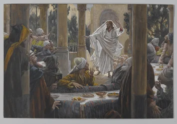 Forbannelser mot fariseerne, illustrasjon fra Vår Herre Jesu Kristi liv, 1886-96 (wc over grafitt på papir)