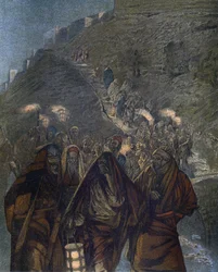 Judas og med ham en stor mengde - Judas og med ham en stor mengde - fra "" The Life of Our Lord Jesus Christ"" - 1899 av James Tissot - La vie de notre seigneur Jesus Christ, av Jacques Joseph (Jacques-Joseph) Tissot dette James Tissot (1836-190