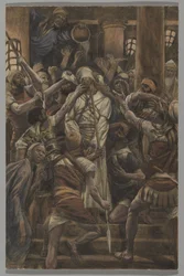 Mishandlinger i Kaifas-huset, illustrasjon fra Vår Herre Jesu Kristi liv, 1886-94 (wc over grafitt på papir)