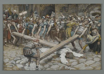Simon den kyreneske tvunget til å bære korset med Jesus, illustrasjon fra Vår Herre Jesu Kristi liv, 1886-94 (wc over grafitt på papir)