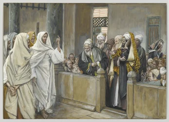 Yppersteprestene spør Jesus med hvilken rett han handler på denne måten, illustrasjon fra Vår Herre Jesu Kristi liv, 1886-94 (wc over grafitt på papir)
