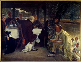 Den fortapte sønns retur: den fete kalven Moderne tilpasning av lignelsen om det fortapte barnet som vender tilbake til sin angrende far. Maleri av Jacques Joseph (Jacques-Joseph) Tissot dit James Tissot (1836-1902) 1880 Søn. 1x1,3 m Nantes, musee des Beau