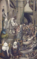 The whole city was gathered at the door - All the City Was Gathered Together at the Door - from “” The Life of Our Lord Jesus Christ”” - 1899 by James Tissot - And the whole city was gathered at its door - Mark 1:33 - The Life of Our Lord Jesus Christ, by 