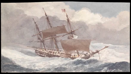Barham utenfor sørenden av Sardinia på sin reise til England med viseadmiral Sir Pulteney Malcolm, midten av 1800-tallet (akvarell)