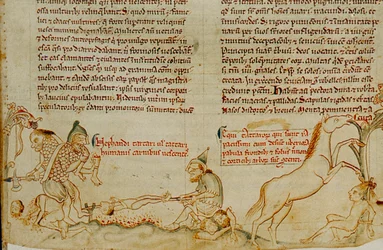 Engelsk manuskript fra 1200-tallet som viser mongolske tropper som begår grusomheter basert på...