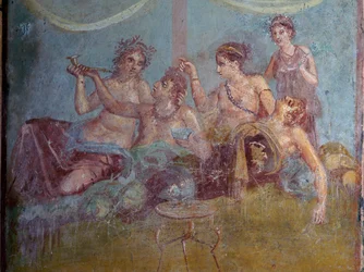 Freske av romersk overklasse i luksus, nyter livet, avdekket i Pompeii. Pompeii, Italia.