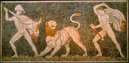 Mosaikk som viser Aleksander den store og Hefaistion som dreper en løve. Pella arkeologiske...