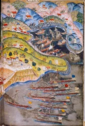 Pirater angriper Nice, Frankrike holdt av Romerriket, i 1543. Topkapi-museet, Istanbul, Tyrkia.