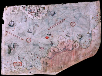 Kartet over Piri Reis Haritasi ferdigstilt i 1513. TOPKAPI PALACE MUSEUM, ISTANBUL, TYRKIA.