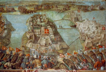 Denne fresken skildrer den tyrkiske beleiringen av Malta i 1565. Kunstverk.