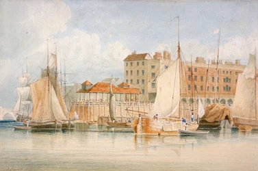 Utsikt over Billingsgate Wharf og marked med fartøy og mennesker, City of London, 1824.