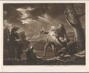David Garrick som kong Lear med jarlen av Kent og Edgar forkledd som Tom i et stormfullt landskap