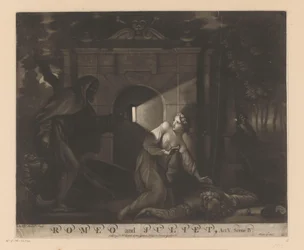 Juliet kneler ved Romeos kropp og ser på en munk med en lykt Romeo og Julie, Akt V. Scene IV. (tittel på objekt)