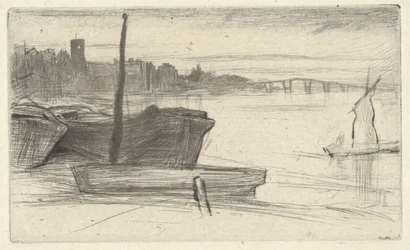 Chelsea Bridge and Church, from the Thames Set (A Series of Sixteen Etchings of Scenes on Themsen and Other Subjects)