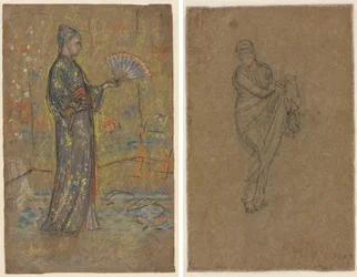 Japansk kvinne som maler en vifte (recto); stående kvinne som løfter kjolen sin (verso)