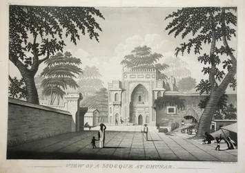 Utsikt over en moske ved Chunar, pub. 1810 gravering.