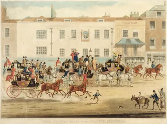 Postvogner fra de nordlige grevskapene ved The Peakcock, Islington, 1838