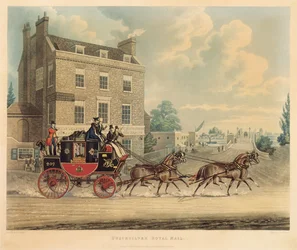 Quicksilver Royal Mail passerer stjernen og strømpebåndet ved Kew Bridge, 1835