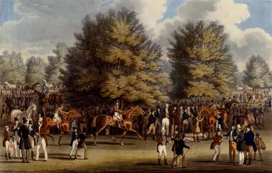Saddling in the Warren, trykk laget av Charles Hunt, 1836 (akvatint)
