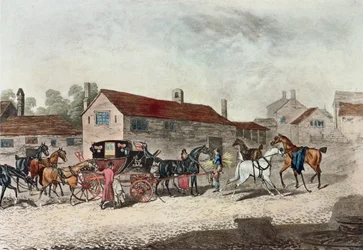 The Mail Coach Changing Horses, gravert av R. Havell, 1815