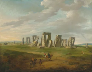Stonehenge med vogn og reisende på hesteryggen