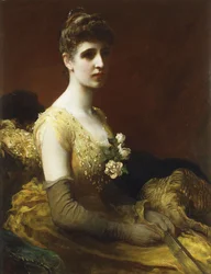 Portrett av Lady Dixon av Rheda, trekvart lengde, sittende iført en gul kjole med blomster som holder en vifte,