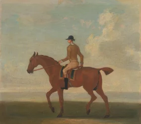 Ett av fire portretter av hester - en kastanjefarget veddeløpshest med jockey oppe: gående til venstre; jockey i brungul jakke
