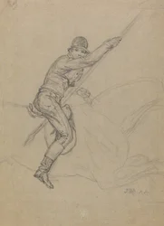 Sir Charles Blunt (f.1775) Hunting the Boar and Escaping from the Tiger: en studie for ett av et sett på fire malerier laget i 1815 (blyant forhøyet med hvitt på grått papir)