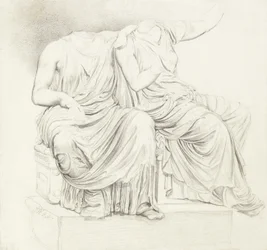 Studie av to hodeløse klassiske statuer (blyant på papir)