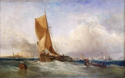 En seilbåt fra Themsen (England), for transport og handel langs elven og på østkysten. Olje på lerret.